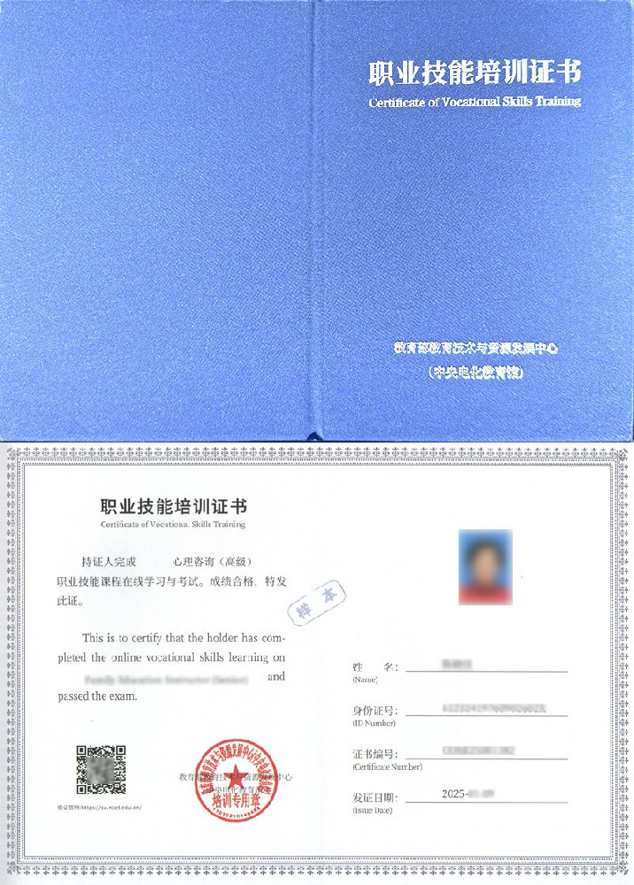 教育部教育技术与资源发展中心(中央电化教育馆) 职业技能培训证书 心理咨询证证书样本